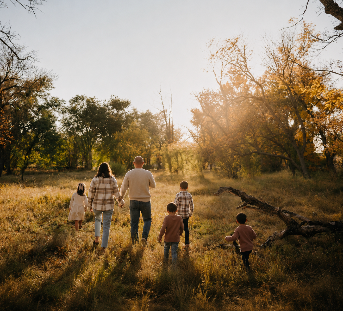 Emily and her family walking together through a sunlit autumn field